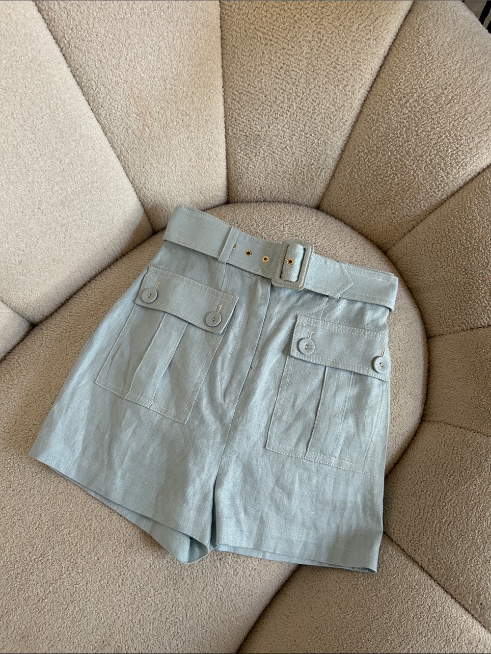 Zimmermann Light Sage High-Waist Cargo Shorts with Belt